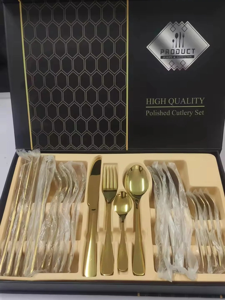 24 Pcs Gold Stainless Steel Flatware Set | 1,000 Box MOQ | Wholesale Cutlery