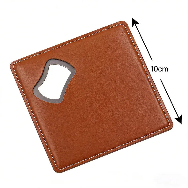 Custom PU Leather Coaster Bottle Opener 200pcs MOQ | Engraved Round Gift for Weddings & Breweries