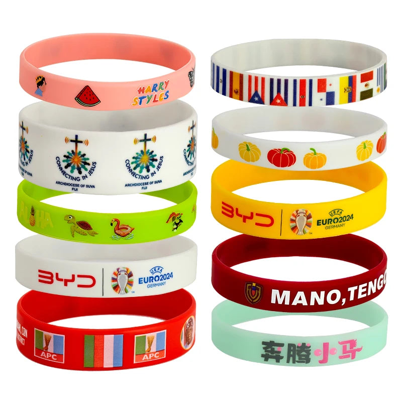 Custom Silicone Wristbands 100pcs MOQ | From $0.12/pc, Free Artwork, 6 Widths, Glow/UV Colors