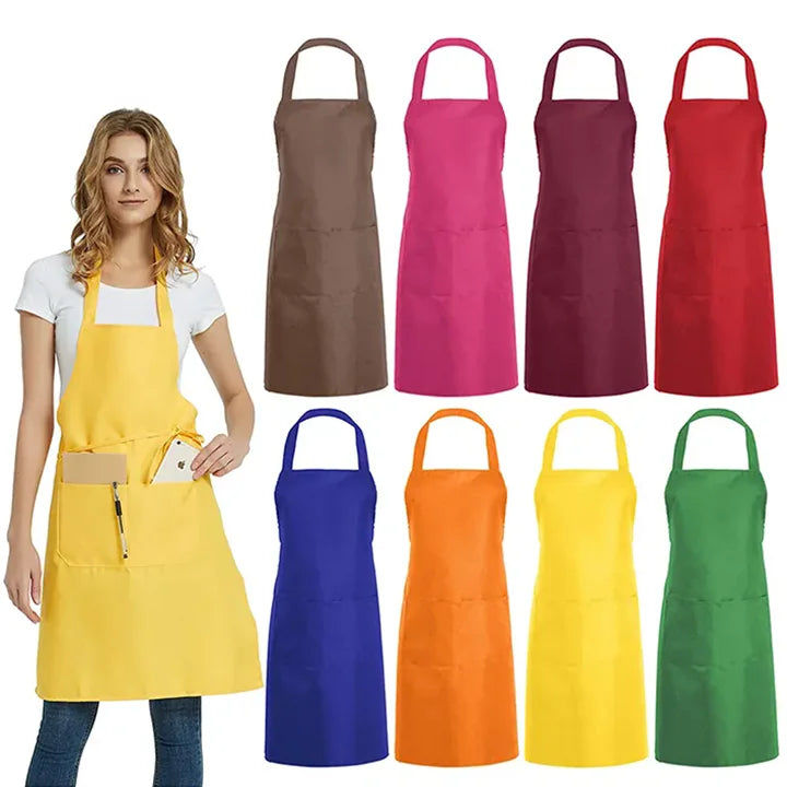 Custom Plain Color Polyester Bib Apron with Front Pocket for Cafés, Kitchens, BBQ, and Cleaning Use