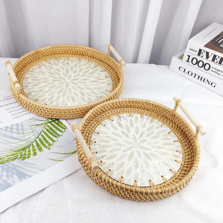 Double-Ear Rattan Fruit Plate | Hand-Woven | 50 MOQ | Colorful Shell