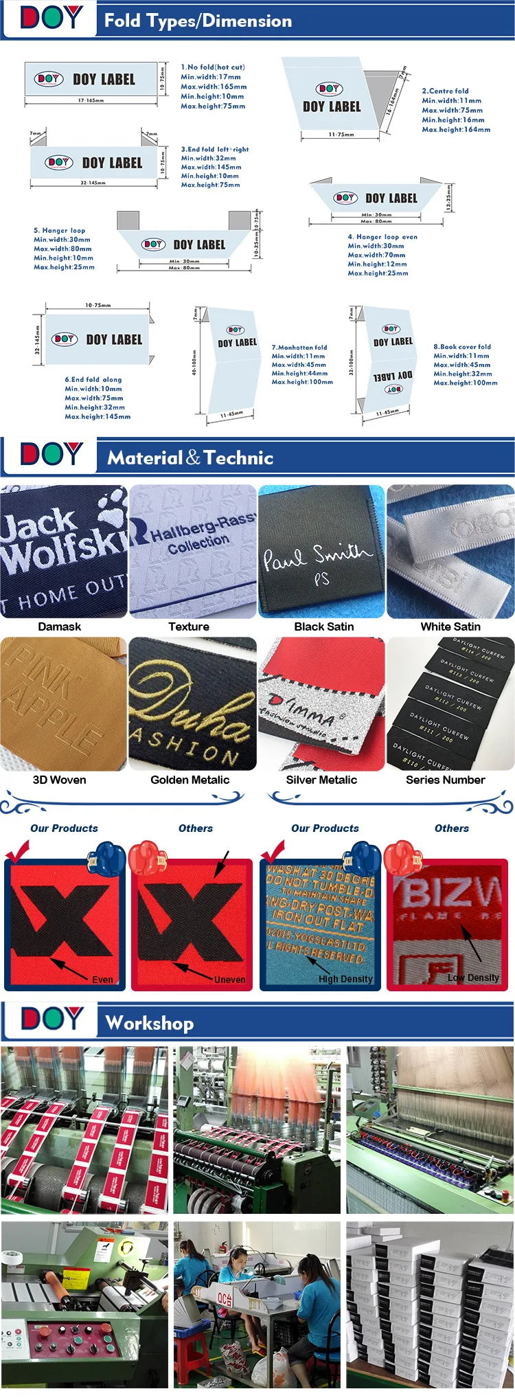 High Density Jacquard Woven Labels | Custom Brand Name & Size Tags | 1,000 MOQ
