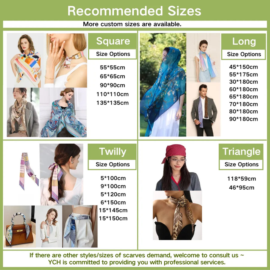 Custom Silk Scarves Factory Direct | 1-Piece MOQ & 31-Day Lead Time | 5 Sizes & 6 Hem Options