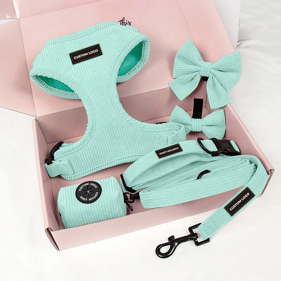 Custom Dog Harness with Logo | Pink Corduroy Leash Set MOQ 60