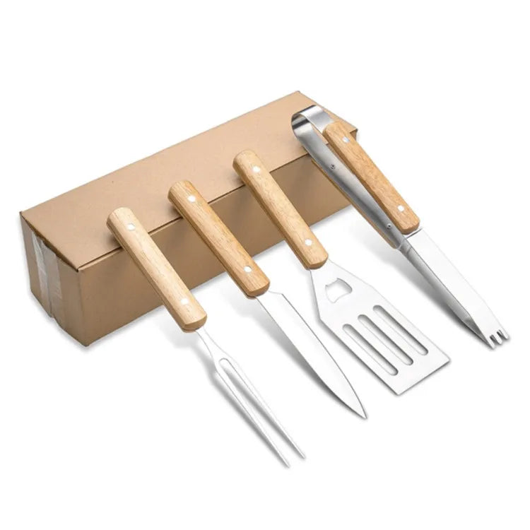 Custom Wooden Handle BBQ Tool Set: Stainless Steel, Laser Engraved Logo, MOQ 100 for Grilling & Camping