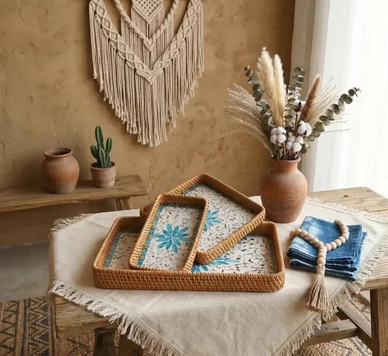 Custom Rattan Trays with Logo – Mother of Pearl Inlay, 5 MOQ