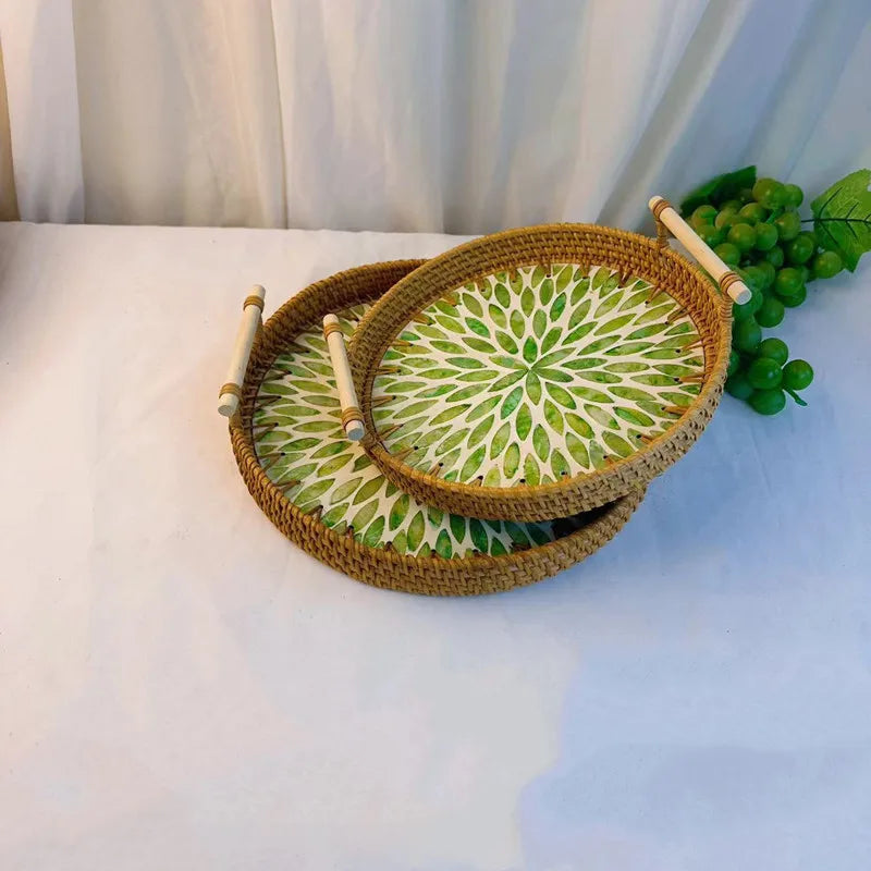 Double-Ear Rattan Fruit Plate | Hand-Woven | 50 MOQ | Colorful Shell