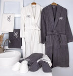 Hot Sale 100% Cotton Terry Bathrobe with Towel Slipper White Gray Couple Women and Men Robes with Customizable Embroidered LOGO