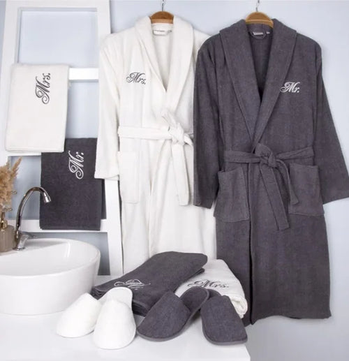 Hot Sale 100% Cotton Terry Bathrobe with Towel Slipper White Gray Couple Women and Men Robes with Customizable Embroidered LOGO