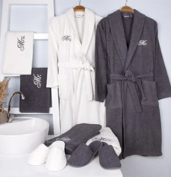 Hot Sale 100% Cotton Terry Bathrobe with Towel Slipper White Gray Couple Women and Men Robes with Customizable Embroidered LOGO