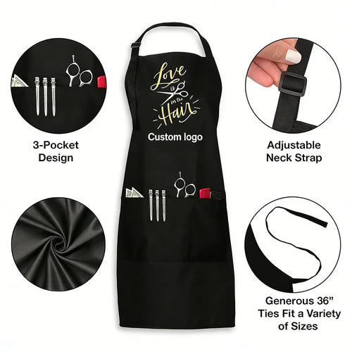 Custom Waterproof Poly-Cotton Restaurant Apron with 3 Pockets and Adjustable Neck Strap