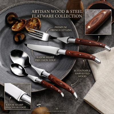 Custom Flatware Set — 4-Piece Stainless Steel with Pakka Wood Handle