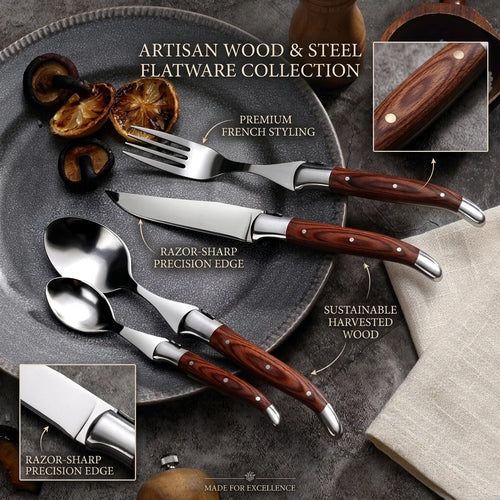 Custom Flatware Set — 4-Piece Stainless Steel with Pakka Wood Handle