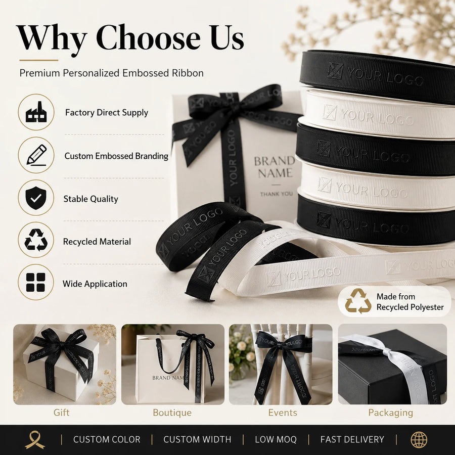 Custom 3D Embossed Recycled Polyester Ribbon | OEKO-TEX, GRS, 100 MOQ, 196 Colors