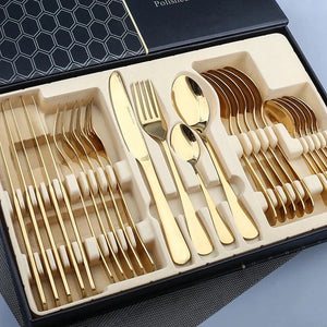 24 Pcs Gold Stainless Steel Flatware Set | 1,000 Box MOQ | Wholesale Cutlery
