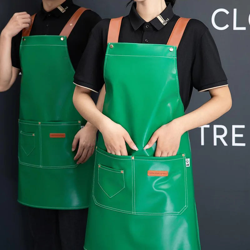 Custom PU Leather Sleeved Aprons with Logo | 50 MOQ for Restaurant Kitchen & Catering Staff Uniforms