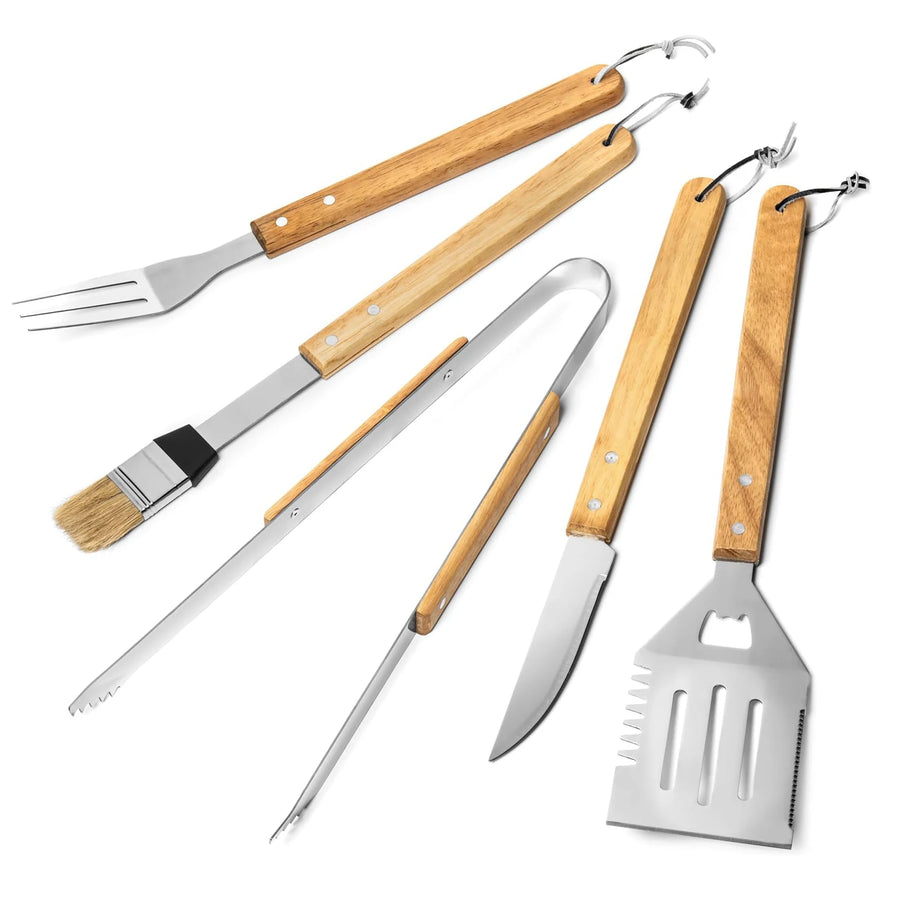 Wood Handle BBQ Tool Kit | 6-Piece Grilling Set