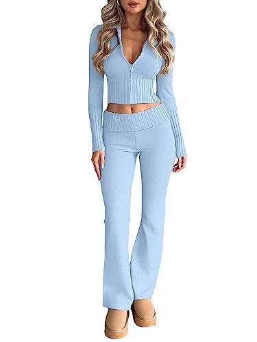 Private Label Women’s Knit Two Piece Set with Zip Crop Top and Wide Leg Sweater Pants for Fall Retail & Brand Custom Orders