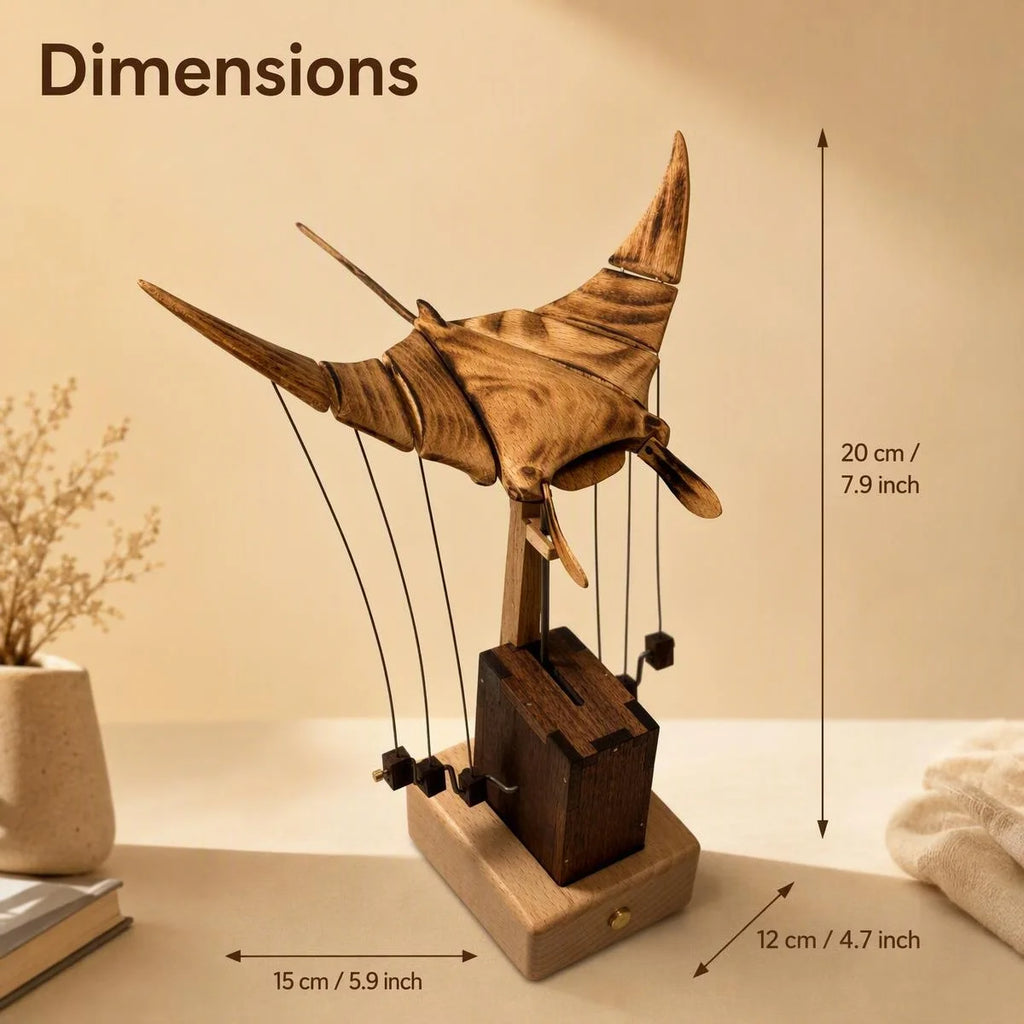 Handcrafted Walnut Music Box | Manta Ray Desk Ornament | Anxiety Relief Gift