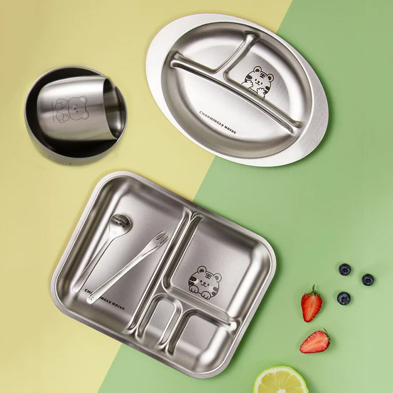 304 Stainless Steel Kids Plate — 100 MOQ, Divided Animal Shape