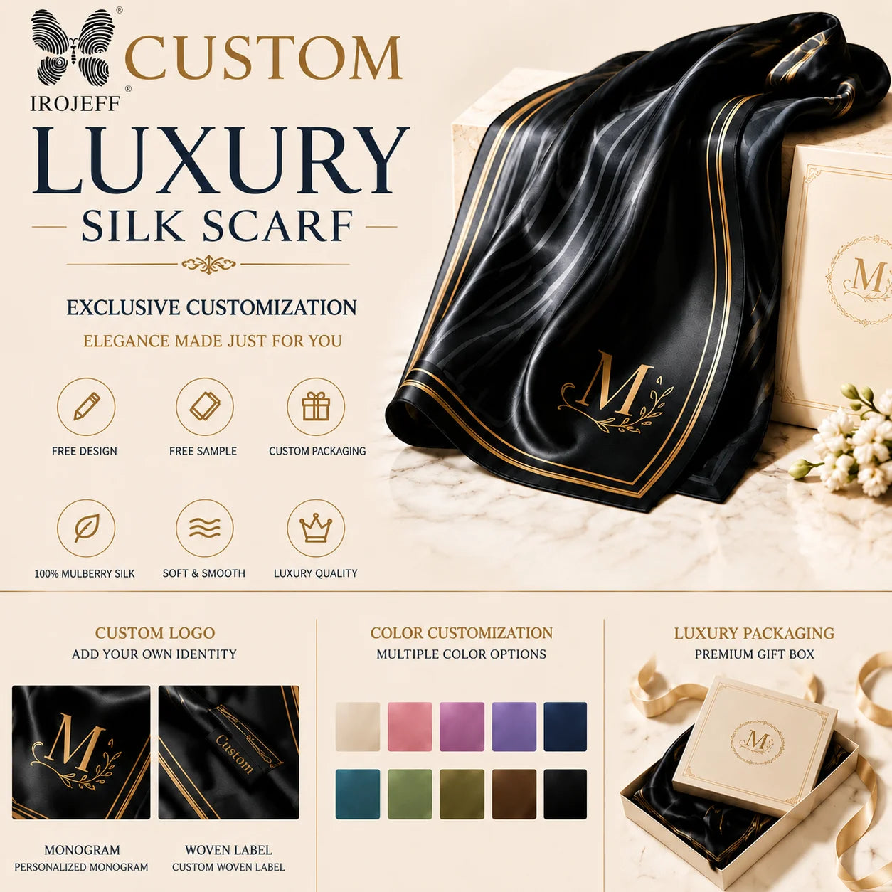 Private Label 18 Momme Mulberry Silk Scarves | Custom Woven Labels & Luxury Packaging | 100-Piece MOQ