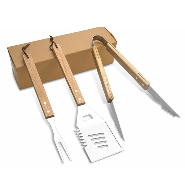 Custom Wooden Handle BBQ Tool Set: Stainless Steel, Laser Engraved Logo, MOQ 100 for Grilling & Camping