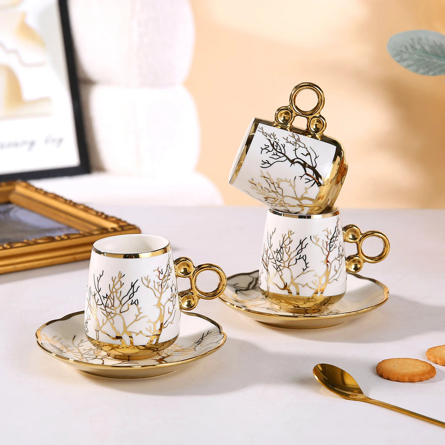 Gold Rimmed Arabic Coffee Cup Set 6pcs | 200 Logo MOQ | EU Certified