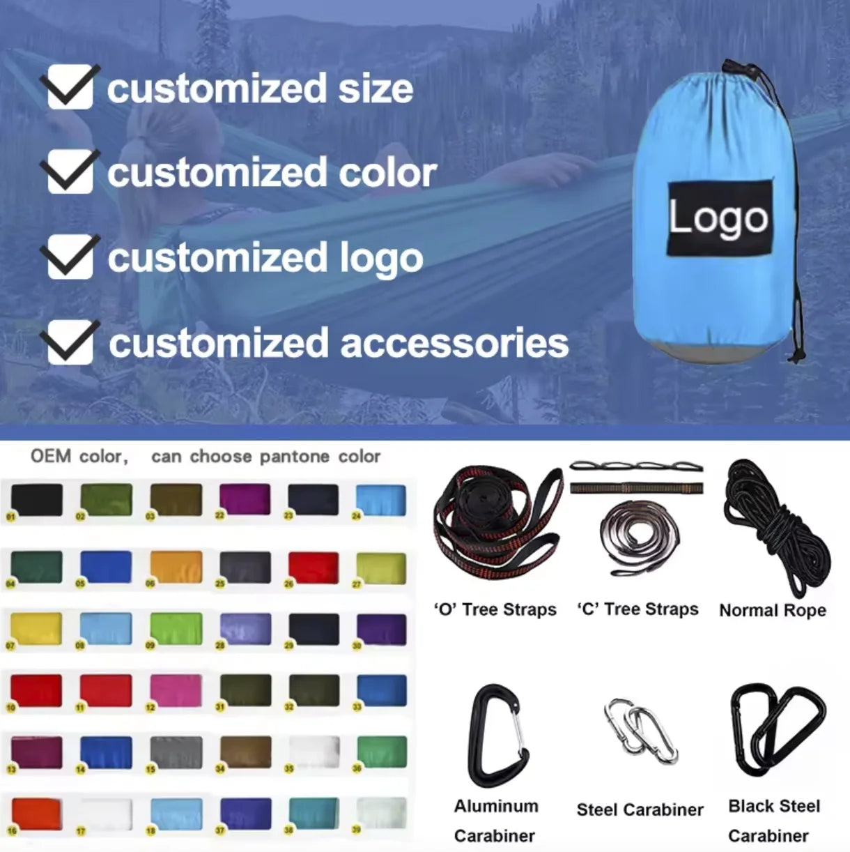 Custom 210T Parachute Nylon Hammock with Logo | 200kg Capacity, 1 MOQ, Camping