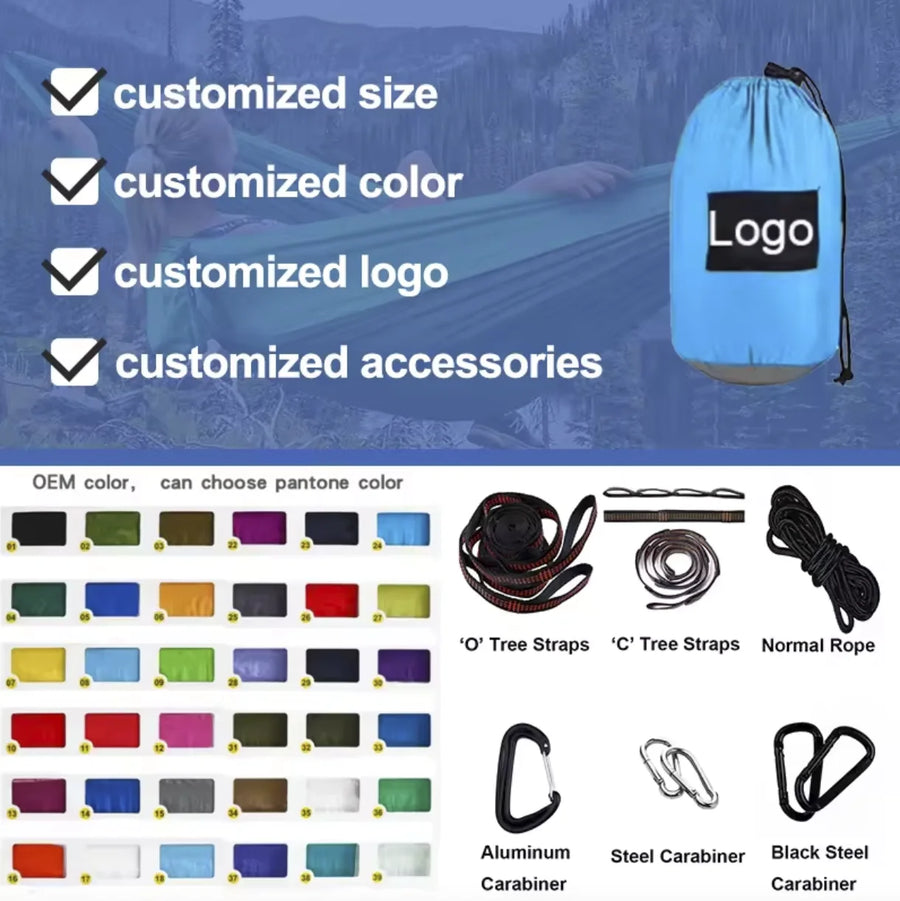 Custom 210T Parachute Nylon Hammock with Logo | 200kg Capacity, 1 MOQ, Camping