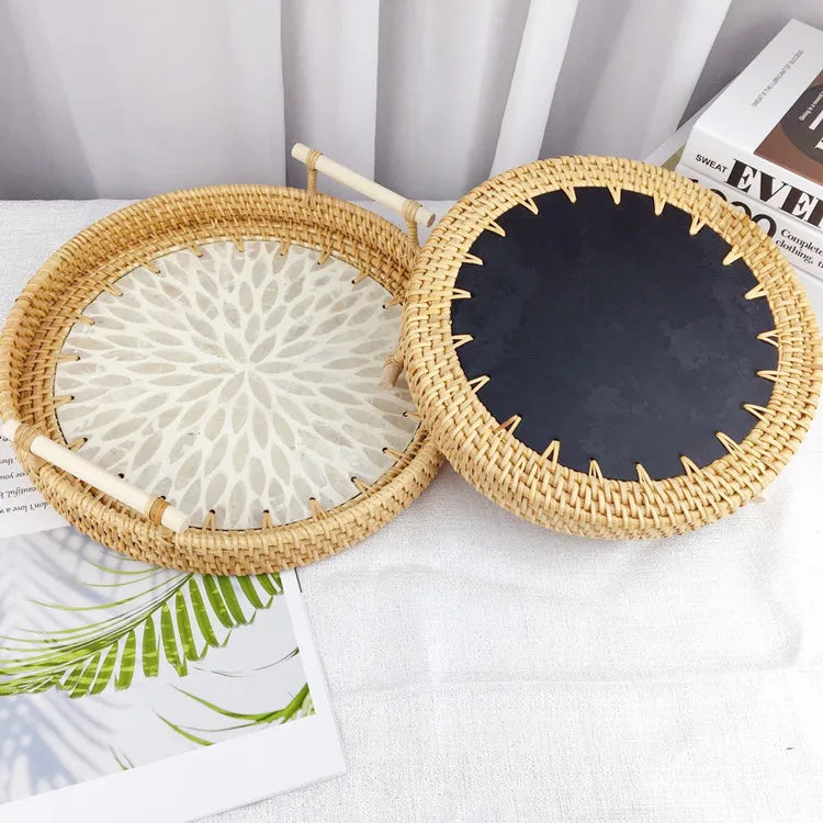 Double-Ear Rattan Fruit Plate | Hand-Woven | 50 MOQ | Colorful Shell