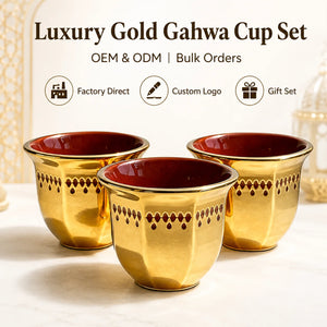 Luxury Gold Gahwa Coffee Cup Set Custom Logo OEM ODM Arabic Style Ceramic Gift Set for Corporate Hospitality Bulk Wholesale