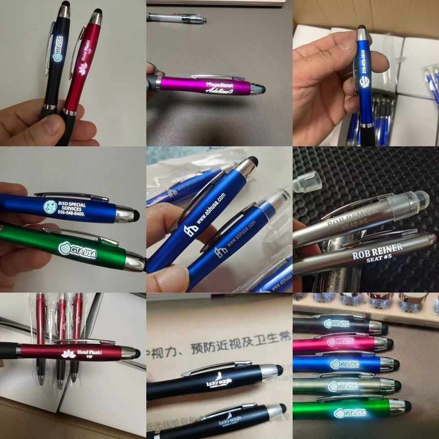 Custom 3-in-1 LED Pens 100 MOQ | Laser Engraving Stylus Promotional Gifts