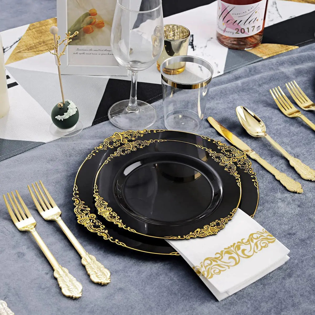 Black Gold Rim Plastic Plates — 2 MOQ, 45-Day Lead, Premium Event