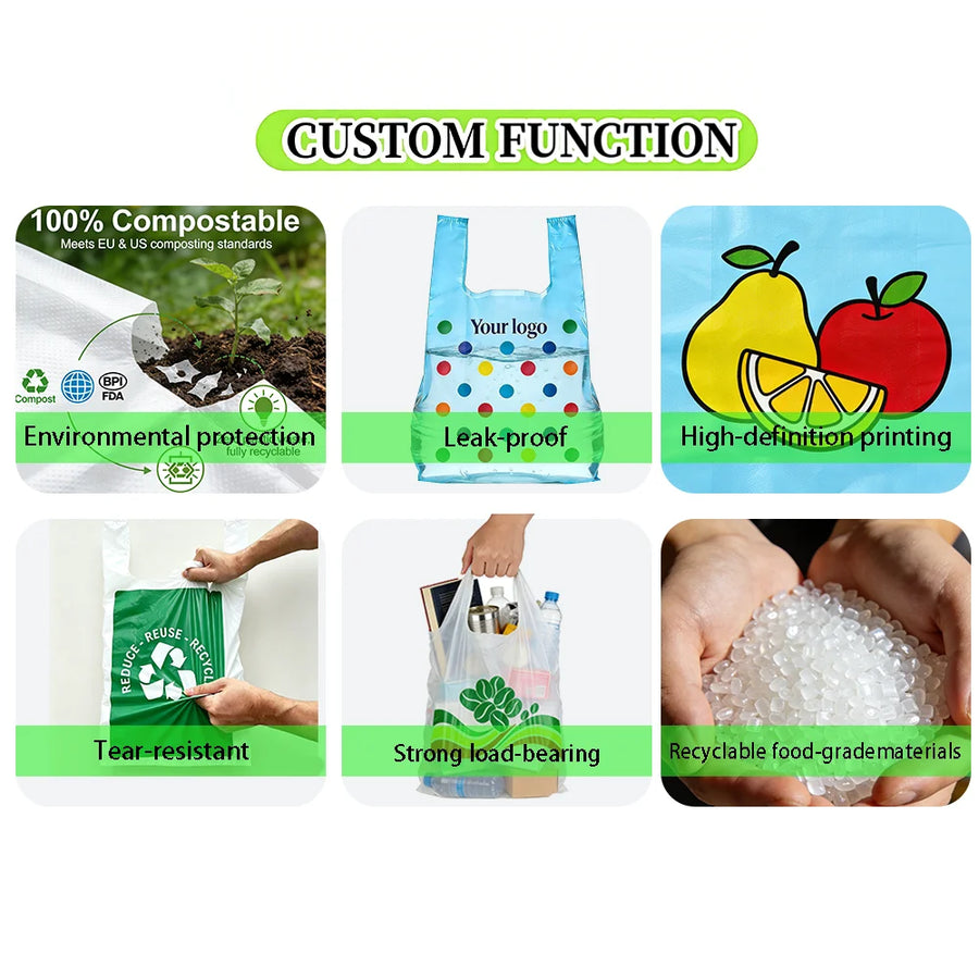 Bulk Recyclable Custom logo T-shirt Bags Food Grade Thickened for Checkout Supermarket Commercial Shopping Bags