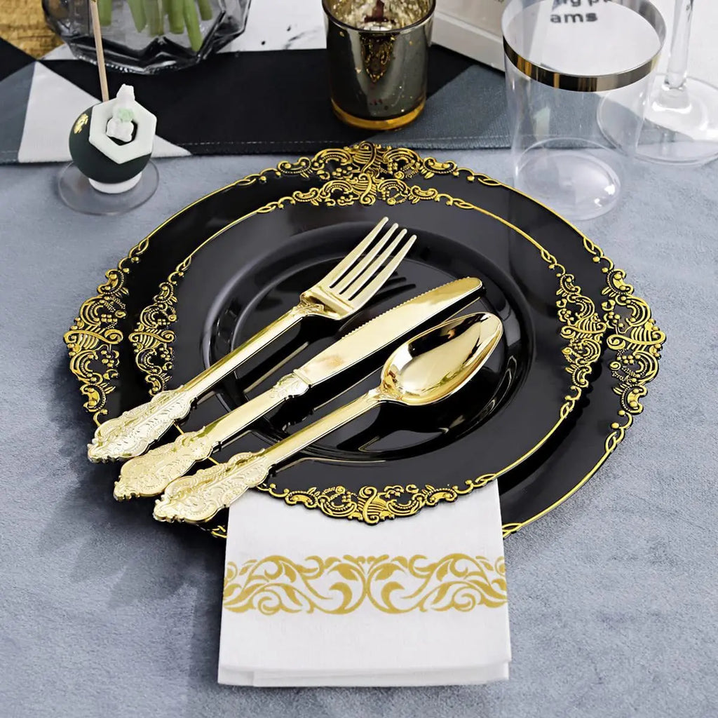 Black Gold Rim Plastic Plates — 2 MOQ, 45-Day Lead, Premium Event