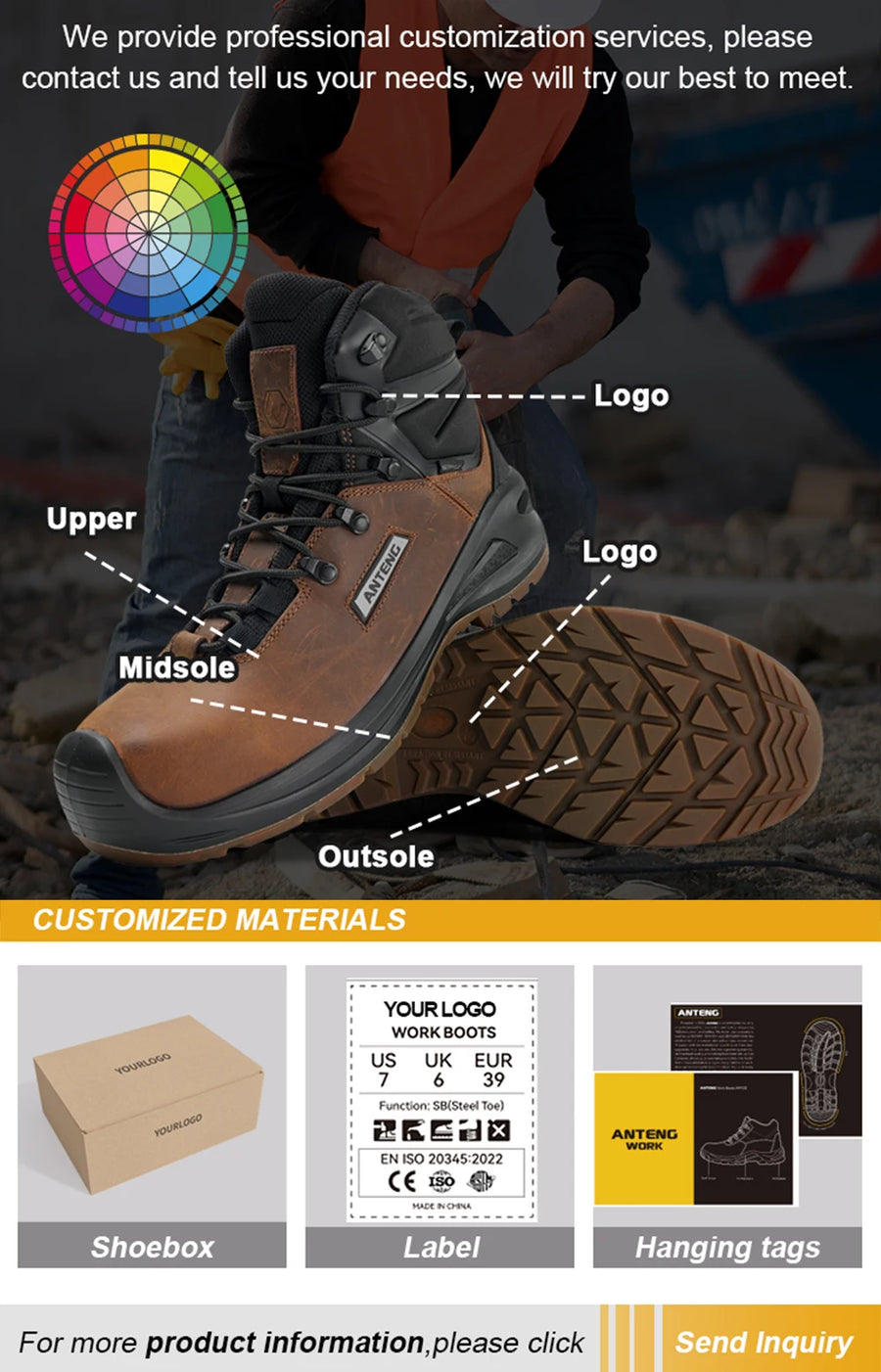 Custom S3 Composite Toe Work Boots with Logo | OEM MOQ 500