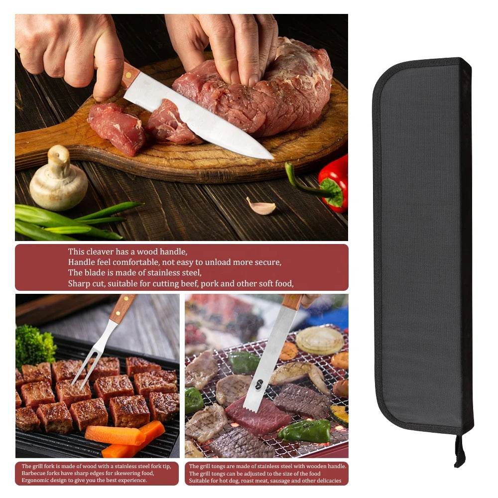 4 Pieces OEM Engraved Soild Wooden Handle Barbeque Grill Tool Barbecue Accessories Set BBQ Accessories With Portable Bag