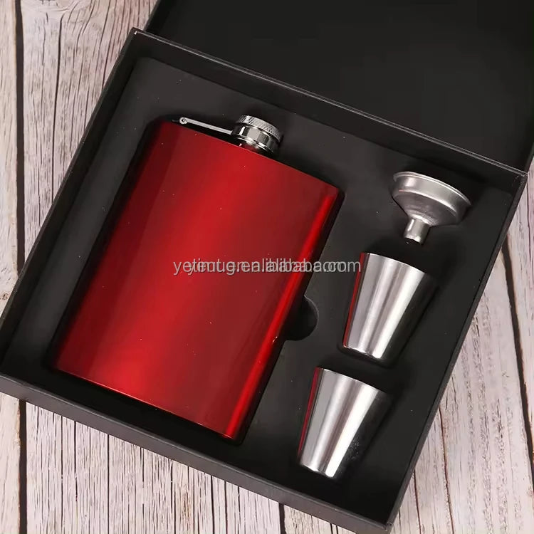 Custom Metal Flask with Logo — Matte Black Gift Set