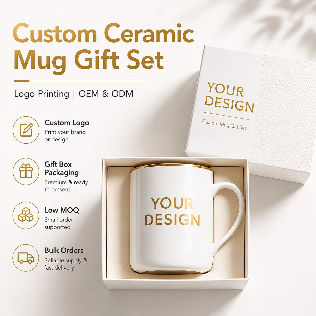 Custom Ceramic Mug Gift Set with Gold Plate | 1,000 MOQ for Corporate Gifts