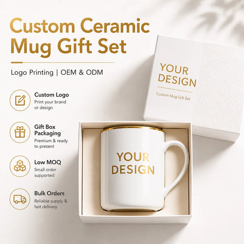 Custom Ceramic Mug Gift Set with Gold Plate | 1,000 MOQ for Corporate Gifts