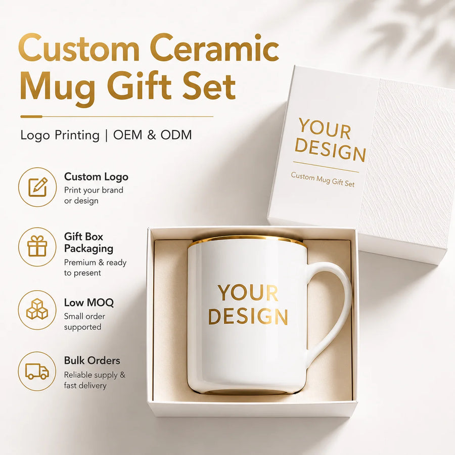 Custom Ceramic Mug Gift Set with Gold Plate | 1,000 MOQ for Corporate Gifts