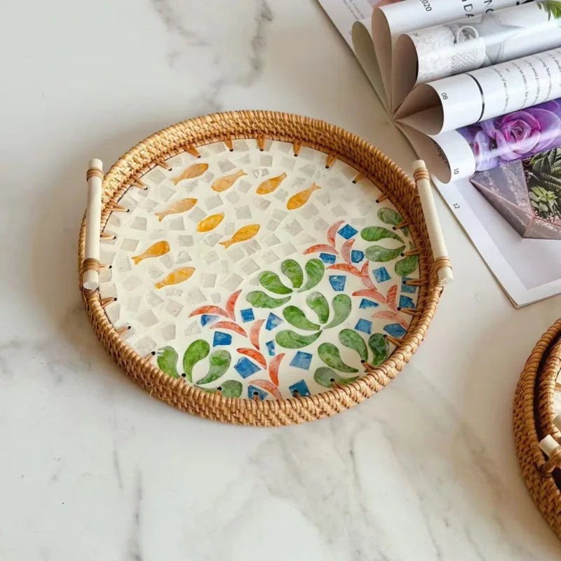 Double-Ear Rattan Fruit Plate | Hand-Woven | 50 MOQ | Colorful Shell
