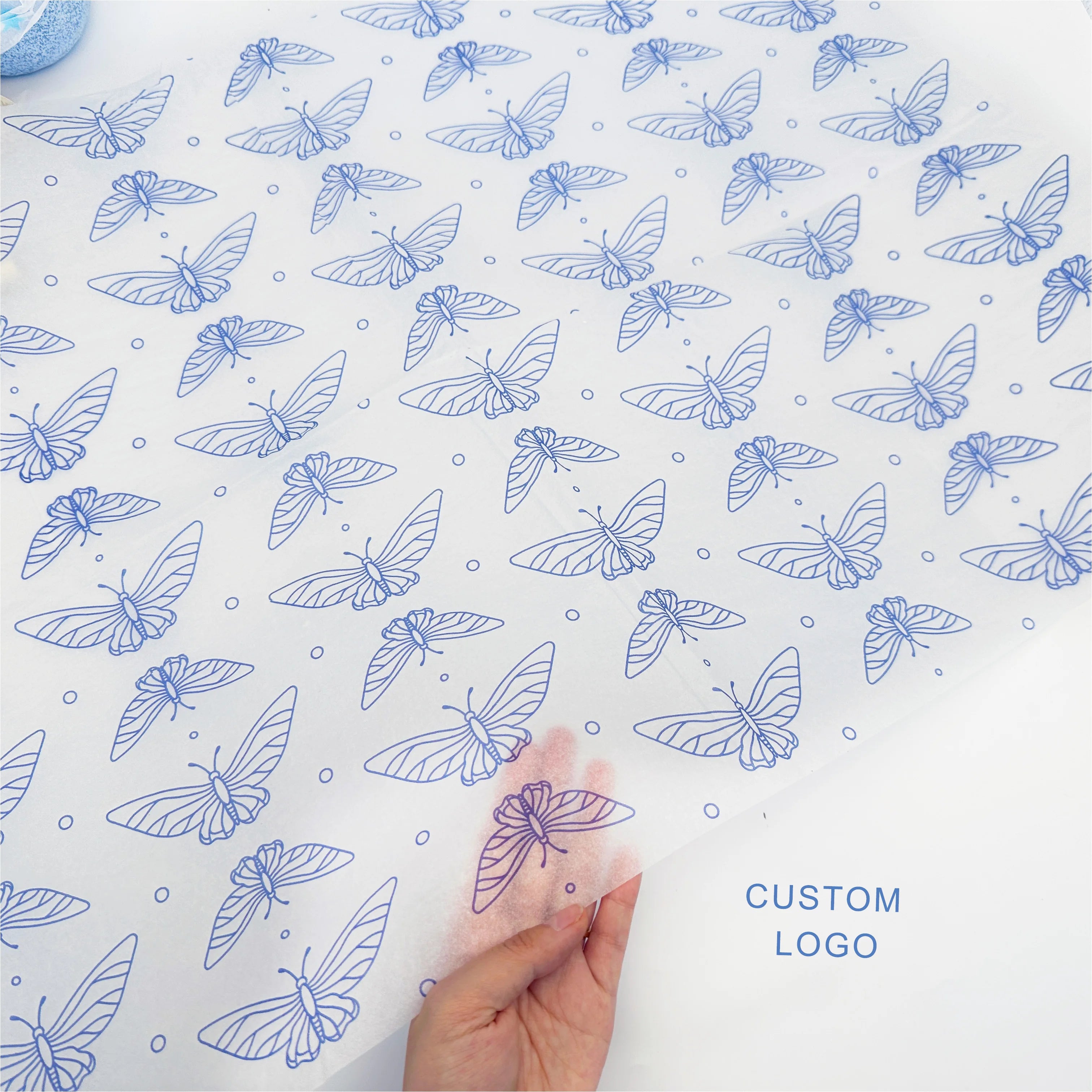 Custom Tissue Paper: 100 MOQ, 17gsm, Virgin Wood Pulp | Single-Color Logo Wrapping Paper