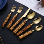 Vintage Bamboo Handle Flatware Set | Gold Mirror Polish | Custom Logo