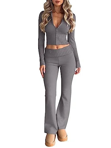 Private Label Women’s Knit Two Piece Set with Zip Crop Top and Wide Leg Sweater Pants for Fall Retail & Brand Custom Orders