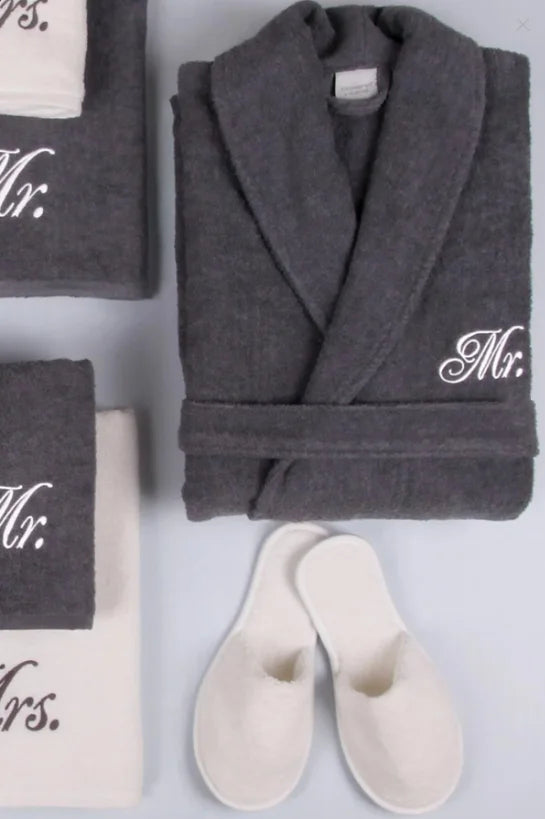 Hot Sale 100% Cotton Terry Bathrobe with Towel Slipper White Gray Couple Women and Men Robes with Customizable Embroidered LOGO