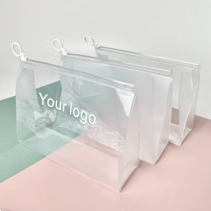 Custom Transparent PVC Cosmetic Bag | 100 MOQ Stock, Digital Print | Bulk for Beauty Brands
