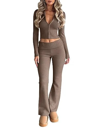 Private Label Women’s Knit Two Piece Set with Zip Crop Top and Wide Leg Sweater Pants for Fall Retail & Brand Custom Orders