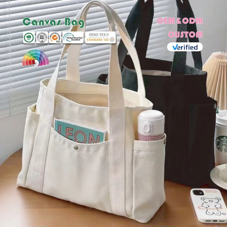 Custom Canvas Tote Bag | Multi-Pocket, Zipper Closure | 100 MOQ