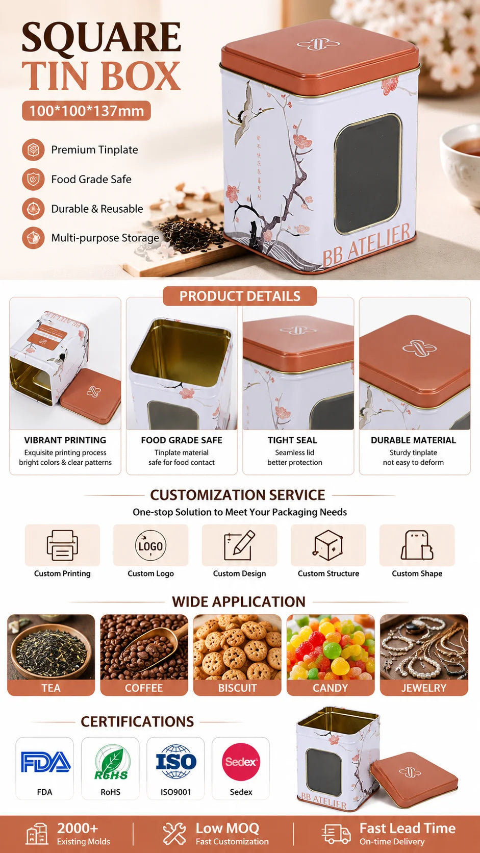 Custom Printed Square Tin Box with Window | MOQ 3000